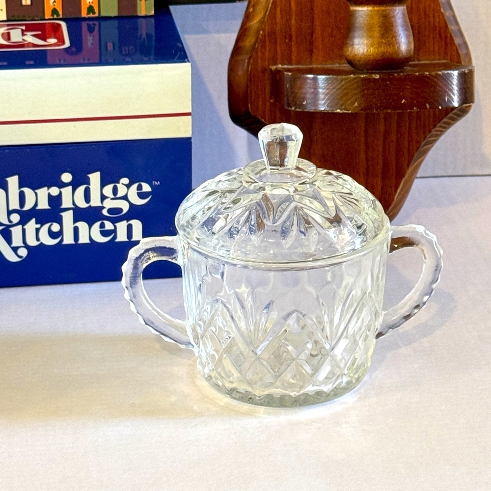 Antique Clear Glass Lid Covered Sugar Bowl with Handles Cottagecore